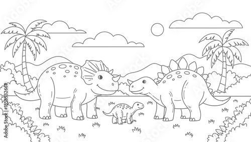 Cute Dinosaur Family Coloring Page - Triceratops, Stegosaurus, Baby Dino