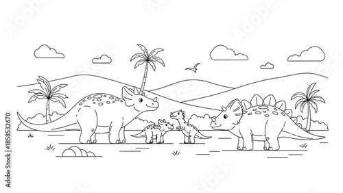 Cute Dinosaur Family Coloring Page - Triceratops and Stegosaurus Landscape