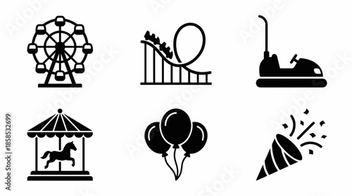 Six black glyph icons of amusement park attractions and party items, concept for entertainment design, leisure activities and web user interfaces