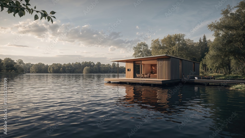 Obraz premium House on pontoon in a water body, focusing on structural maintenance and buoyancy, World Environment Day