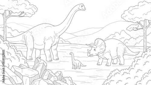 Dinosaur Family Coloring Page: Brontosaurus and Triceratops in prehistoric landscape