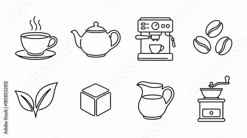 Outline vector icons of coffee and tea equipment: cup, teapot, machine, beans and leaves, concept for menu design, digital interface and beverage packaging
