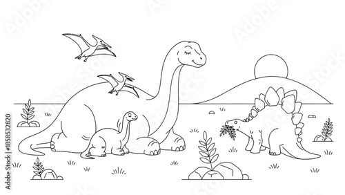 Dinosaur Family Coloring Page: Brontosaurus, Stegosaurus, Pterodactyls, Sunset
