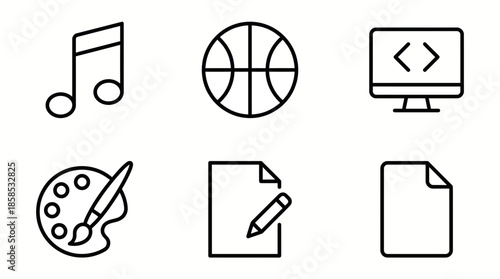 Line vector icons set of music, sport, coding, art and writing symbols on a clean white background, concept for modern digital application design, hobby presentations and educational resources
