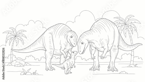 Dinosaur Family Portrait: Parents and Baby Tyrannosaurus Rex Outline Coloring Page