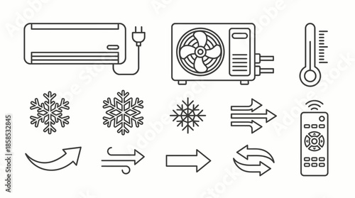 Air conditioning system line icons including indoor unit, outdoor condenser, thermometer and snowflakes, concept for climate control design, equipment maintenance and weather forecast apps