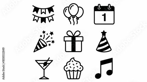 Minimalist vector icons of celebration elements including balloons, gift, party hat, cupcake and flags, concept for web interface, mobile app and event invitations
