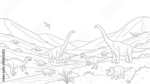 Dinosaur landscape illustration with various species in a prehistoric environment