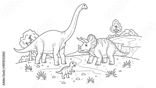 Line Art Dinosaur Family: Brontosaurus, Triceratops, and Baby Dinosaur in Prehistoric Landscape