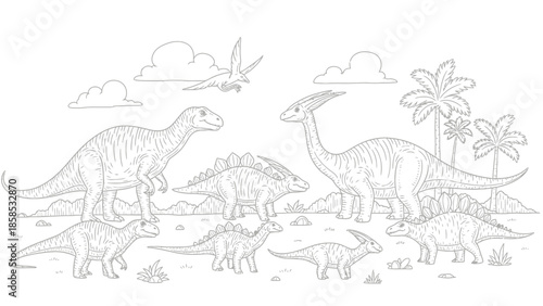 Dinosaur illustration coloring page with various prehistoric creatures and tropical plants