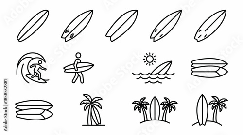 Minimalist black line icons of surfboards, surfers riding waves and tropical beach scenes, concept for summer vacation design, travel applications and watersport advertising