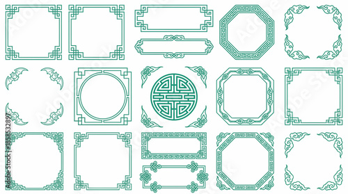 Traditional Chinese decorative frames, borders and corner elements featuring geometric designs and cultural symbols, concept for Asian festival greeting cards, cultural branding and interior accents