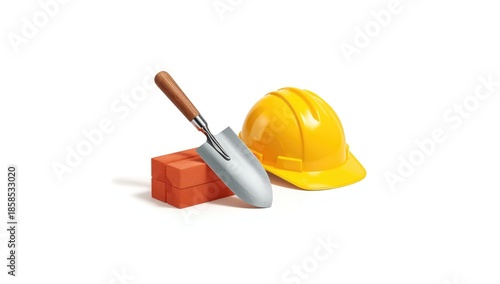 Construction equipment featuring a trowel, bricks, and helmet used for masonry work safety compliance