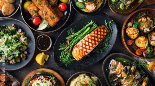 Wallpaper Mural A variety of dishes made with fish vegetables and appetizers is spread out on a table. It shows plates with colorful food items. Friends enjoy the meal together. Torontodigital.ca