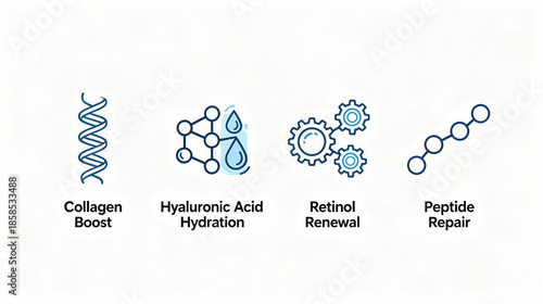 Elements such as collagen enhancement and hyaluronic acid hydration represent the skincare effects of revitalizing and repairing with peptides, and are suitable for skincare materials.
