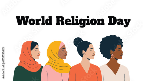 World Religion Day illustration featuring diverse women from different cultures and faiths symbolizing unity tolerance diversity and religious harmony isolated on white background