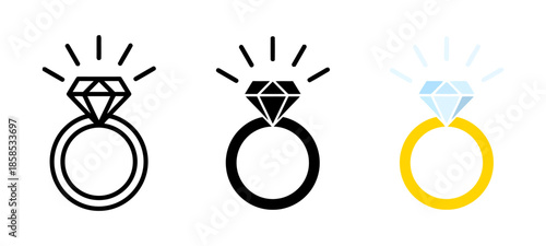 Diamond Ring Icon Set Collection Marriage Love Wedding Jewelry Engagement Symbol Luxury Gemstone Romance Precious Stone Celebration Gift Jewel Sparkle Shine Minimal
