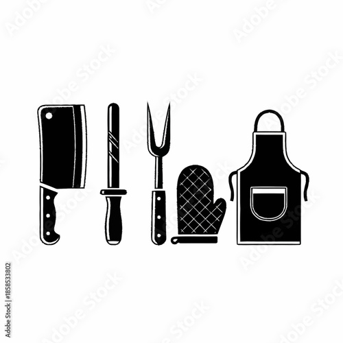 Set of essential barbecue and grilling tools for outdoor cooking.