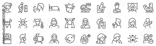 Disease Symptoms and Health Problems Related Thin Line Icons Set Headache Fever Coughing Vomiting Sneezing and Other 200 Characters