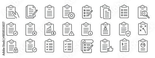 Documents vector icons set in outline design various files pages papers with check marks alerts gear settings representing organizing and managing information and task lists