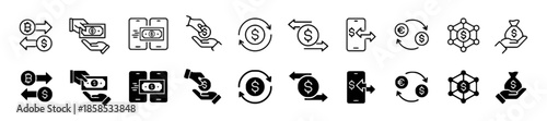 Dollar coin currency exchange icons set representing financial transactions or money transfers between currencies symbol for economic activities like international trade investment