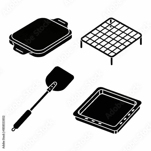 Set of kitchen utensils including a baking pan, cooling rack, spatula, and roasting pan.
