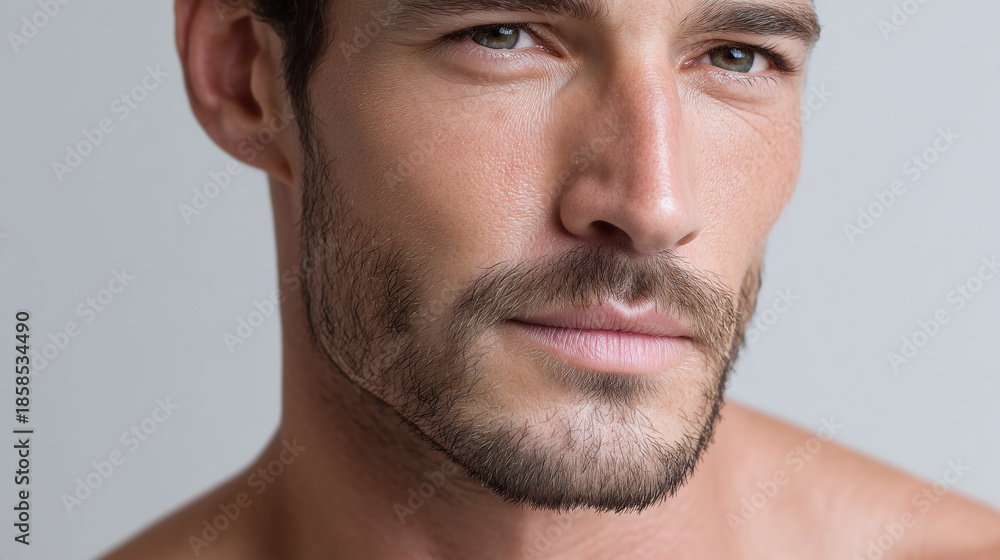 Fototapeta premium Authentic male skin texture with natural pores visible close up of clean facial skin and beard showing healthy complexion and subtle expression