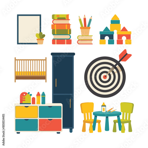 Children Playroom Interior Furniture And Educational Toy Vector Set