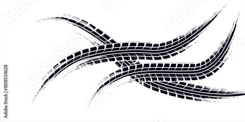 Tire trace track. Abstract wheels braking distances, tread silhouettes brushes. Isolated car or motorcycles vector trails. Tire vehicle, road track rubber, transportation texture