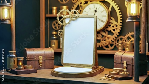 Steampunk Display With Blank Frame Gears Clock and Vintage Treasure Chests.jpg