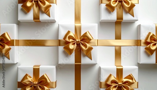 White gift box with golden ribbon and voluminous bow arranged in cross pattern on clean background