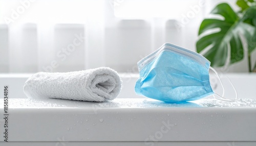 Light blue surgical mask and towel with water droplets on white bathtub edge in bright natural light