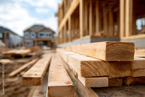 Lumber stacked for new home construction framing