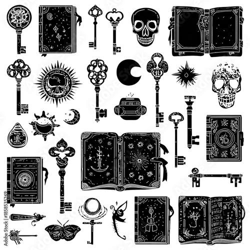 Set of 25 vintage occult keys, skulls, moons and spellbook icons vector isolated PNG with Transparent Background