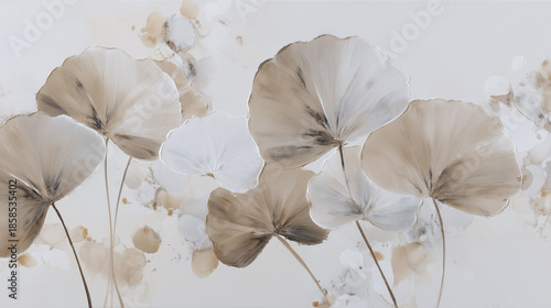 Delicate organic leaf gestures sweeping across pale smoke background with soft beige and white tones creating calm and elegant natural atmosphere