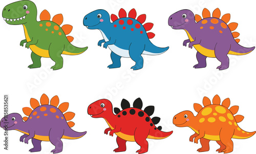 Adorable cartoon stegosaurus dinosaurs in vibrant colors, cute kids illustration for nursery prints, children's education and playful design
