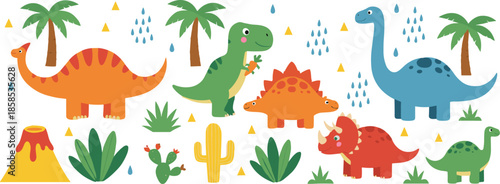 Cute cartoon dinosaurs with tropical plants and volcano, fun prehistoric vector scene for kids education and nursery decorations
