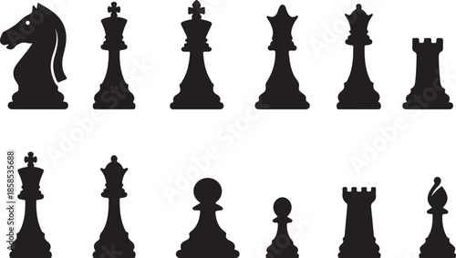 Set of Chess Piece Silhouettes - Vector Icons for Board Games -chess, pieces, silhouette, icon, set, collection, king, queen, bishop, knight, rook, pawn, black, white, vector, 