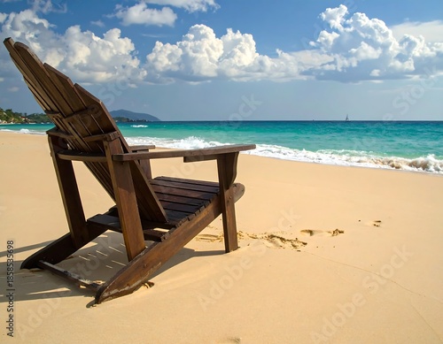 Wooden Adirondack chair sits on a sandy beach with blue skies and turquoise waves lapping at the shore