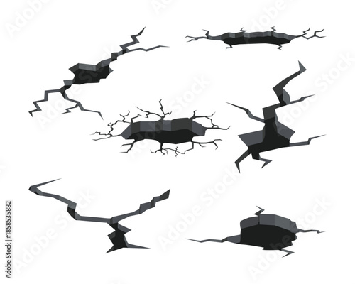 A collection of realistic ground cracks and broken surfaces.