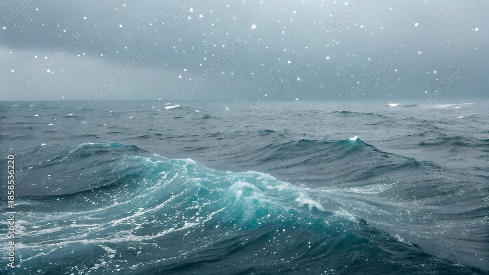 Fototapeta premium Turbulent ocean waves crashing under a dark, stormy sky with falling precipitation