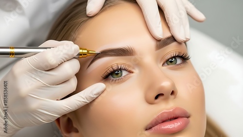 Professional permanent makeup artist creating beautiful eyebrows with a special tool