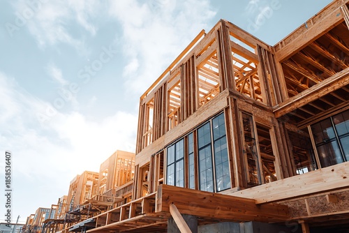 New construction framing residential development against sky