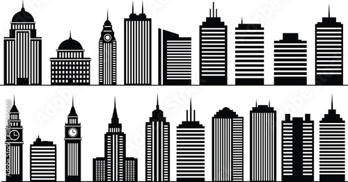 Black city skyline silhouette vector collection, modern urban skyscrapers and architecture for cityscape design and construction projects