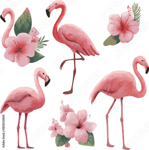 Generated Flamingo pink drawing clipart set. Summer bird flamingo clip art collection cute tropical elements vector illustration