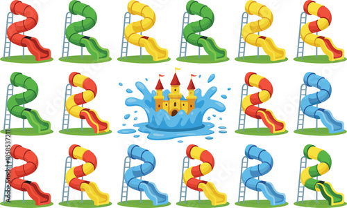 A Vibrant Collection of Enclosed Spiral Water Slides in Multiple Colors Featuring a Detailed Sandcastle Centerpiece with Water Splashes for Recreation Design.