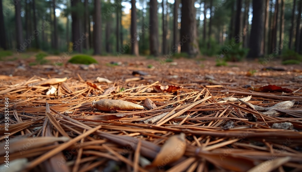 Fototapeta premium Forest floor with pine needles and fallen leaves in autumn 