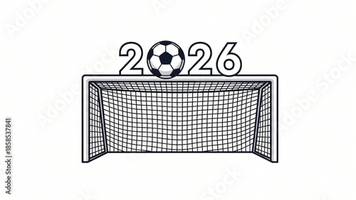 Soccer ball on goal net with 2026 text