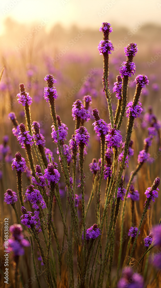 Obraz premium A serene field of purple lavender flowers swaying gently in the breeze at sunset with a blurred background of trees and a warm glowing sky