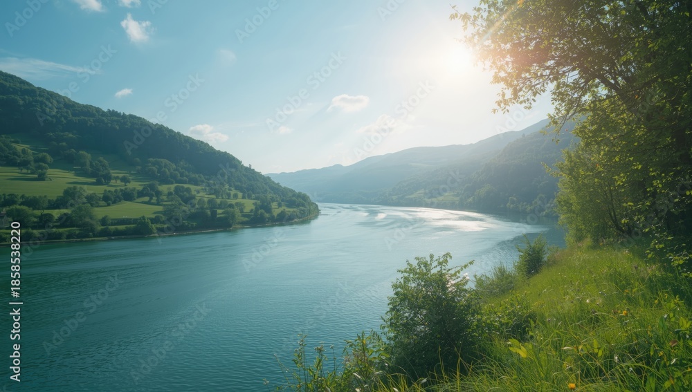 Obraz premium Scenic view of the Danube Bend with vibrant green hills, ideal for editorial header backgrounds
